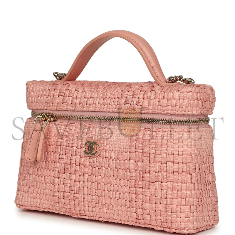 CHANEL TOP HANDLE LONG VANITY CASE WITH CHAIN LIGHT PINK BRAIDED RAFFIA LIGHT GOLD HARDWARE AP4385 (19.5*17*5cm) 